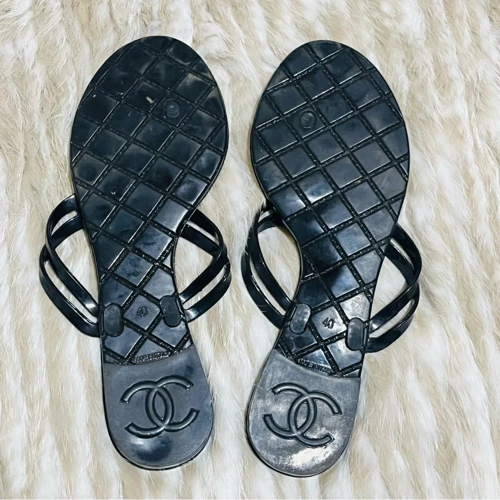 Chanel Camellia CC Logo Black Ivory Jelly Flat Sandals